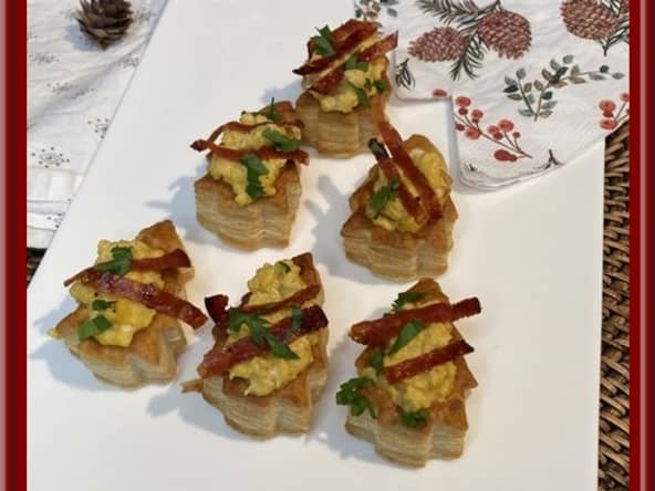 Sapins feuilletés aux œufs brouillés et chips de chorizo