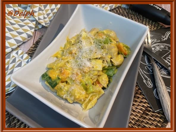 Conchiglioni aux poireaux à la sauce béchamel au potimarron