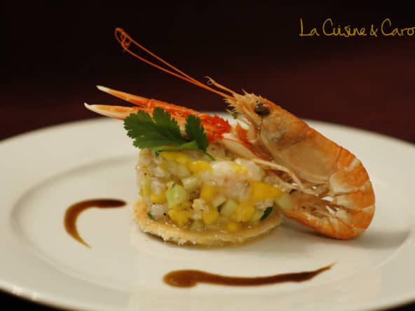 Tartare de langoustines, mangue et papaye vertes, sauce passion