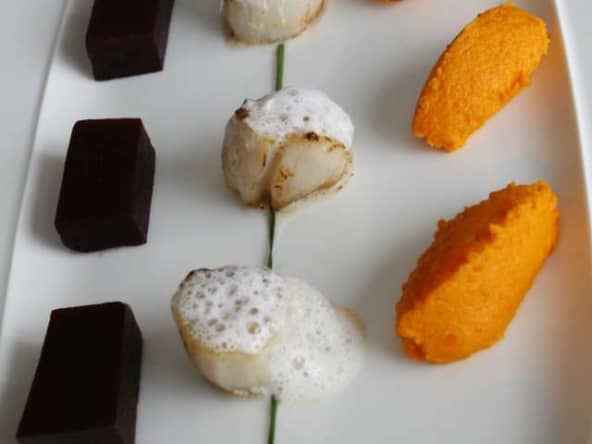 Noix de St Jacques rôties, purée de Carottes au cumin et fraîcheur de Betteraves, écume de Carvi