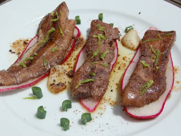 Foie de maigre, radis et macroptère.