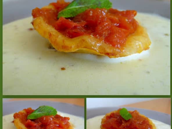 Tatin de tomates et balsamique et nage aux échalotes