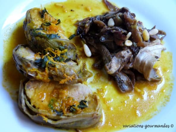 Filet mignon de porc aux aubergines blanches, sauce orange, curcuma et basilic