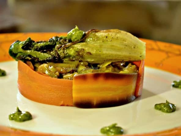 Fondue de poireaux carottes et coeur de salade