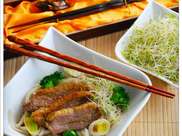 Udon au magret de canard et petits légumes sautés