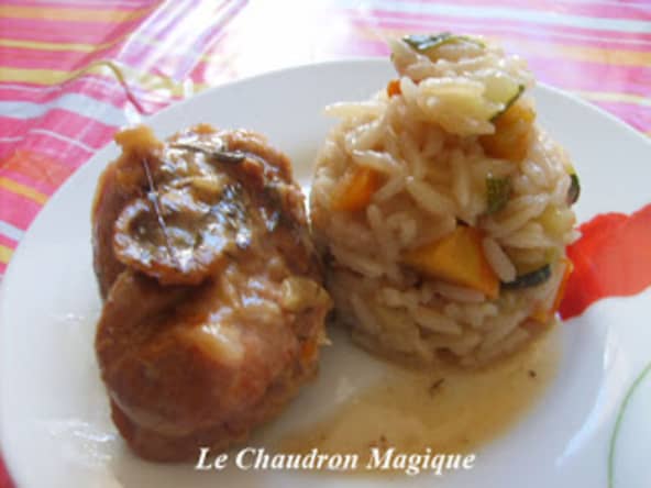 Osso buco de dinde au vin blanc et aromates et risotto aux carottes et courgettes