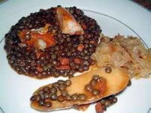 Lentilles vertes - Recette de lentilles vertes au porto et bacon