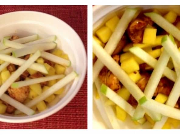 Salade de poulet laqué au tonkatsu sosu, mangue verte et granny smith