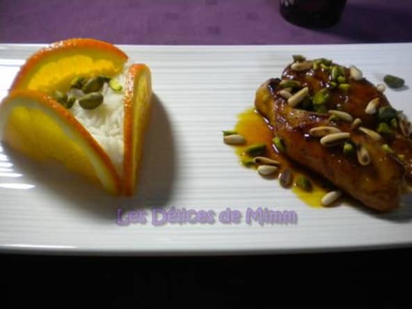 Filets de lapin au caramel d'orange, pignons de pin et pistaches