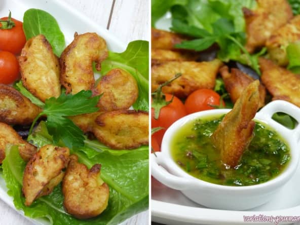 Artichauts violets en beignets, salsa aux herbes et pignons