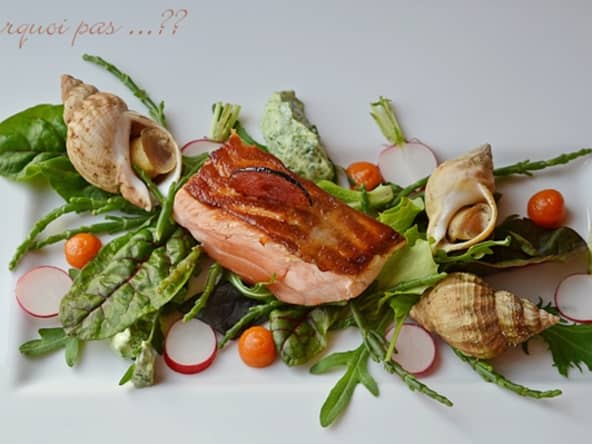 Pavés de saumon et bulots accompagnés d'un condiment carotte tépices et d'une mayonnaise aux herbes