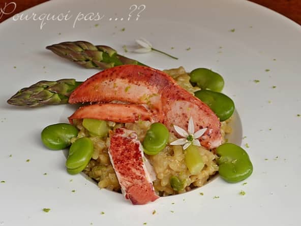 Risotto printanier au baby homard, asperges et fèves fraiches