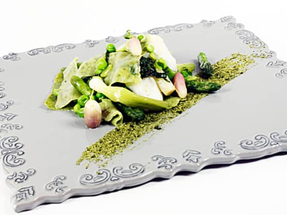 Pasta à l'ail des ours, légumes verts et coeur de cabillaud