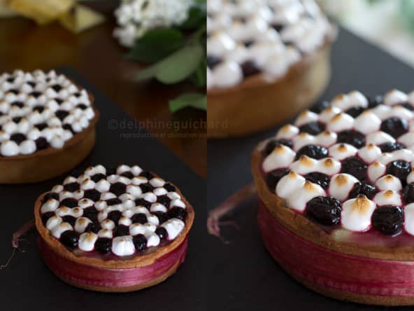 Tarte crème diplomate, rhubarbe, myrtilles et meringue