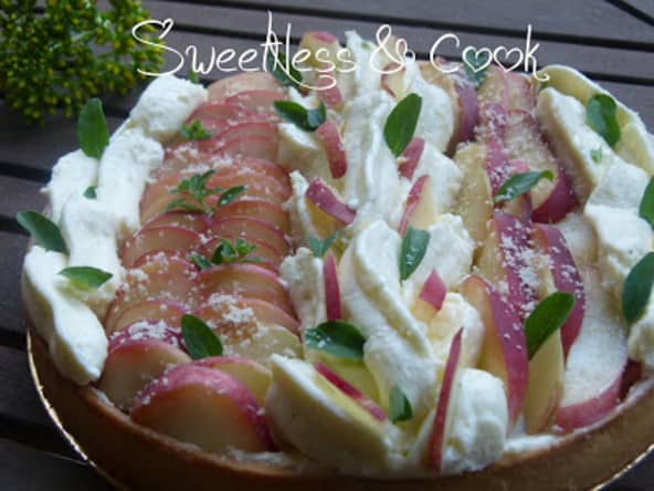 Tarte amandine pêche blanche, panna cotta crémeuse basilic citron vert