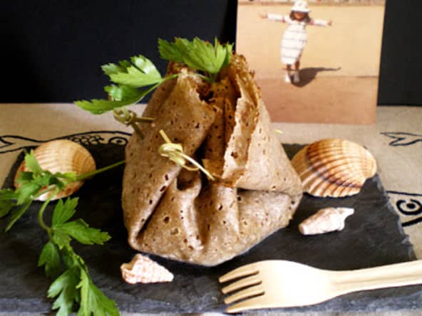 Aumonières de sarrasin au cidre, au crabe et aux artichauts de Bretagne