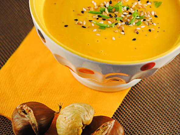 Velouté de courge butternut et marrons chauds