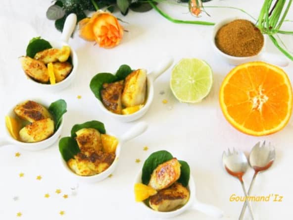 Bouchées de St Jacques au Raz-el-hanout, vinaigrette d'agrumes