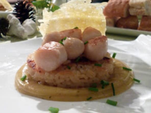 coquilles saint Jacques sur risotto croustillant et sauce safranée