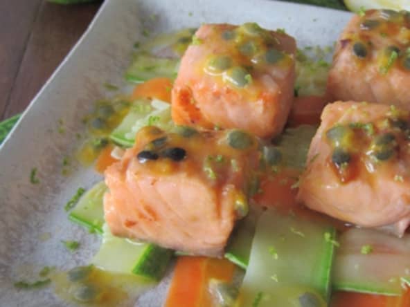 Saumon au fruit de la passion et son damier de légumes