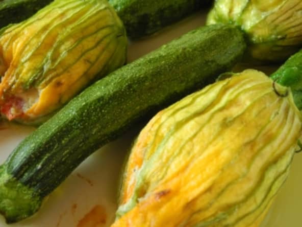 Mini-courgettes et fleurs farcies à la ricotta et à l’anchois