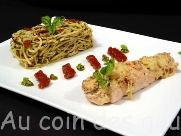 Escalope de dinde farcie et pâtes au pesto (cuisine du quotidien)