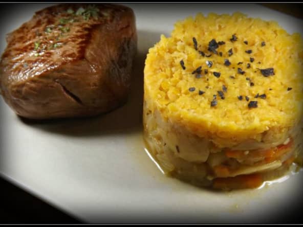 Fenouil carotte crumble de lentilles corail et pavé de rumsteck