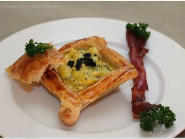 Œufs brouillés à la truffe, torsades croustillantes de speck