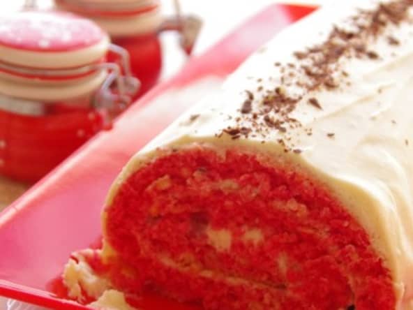 Bûche au chocolat blanc, mascarpone et framboises