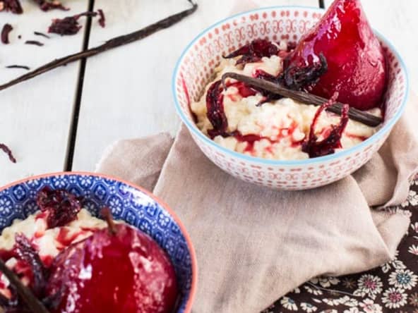 Riz au Lait à la Vanille et Poires Pochées à l’Hibiscus