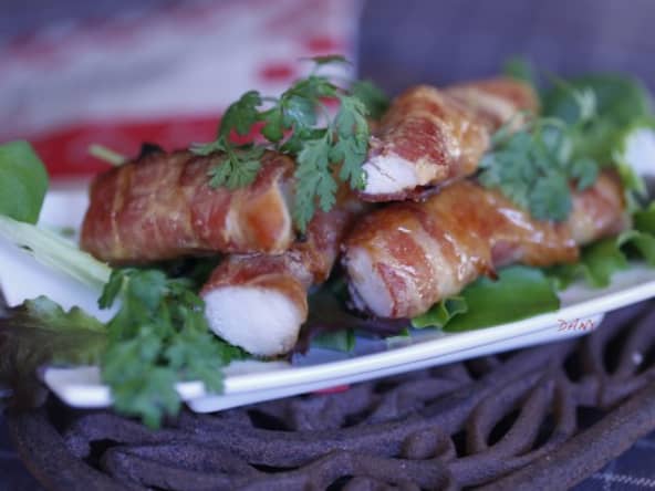 Aiguillettes de poulet au lard laqué au miel de montagne
