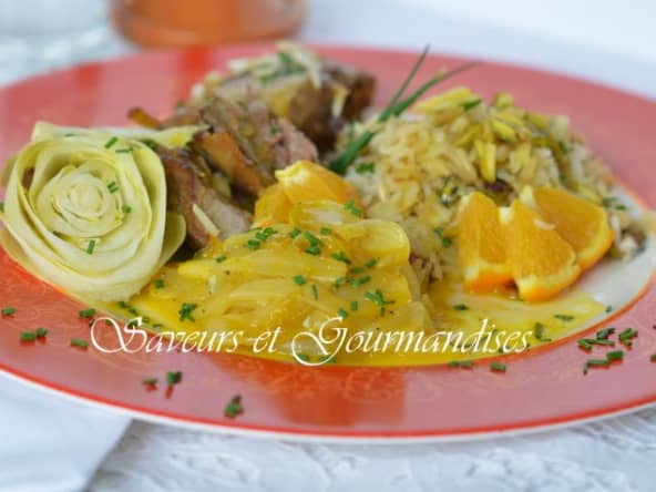 Effilochée d’endives à l’orange, canard safrané et riz oriental.