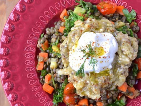 Lentilles et purée d’aubergine grillée