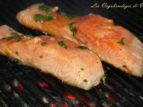 Pavés de saumon marinés au miel, citron vert et coriandre, au barbecue