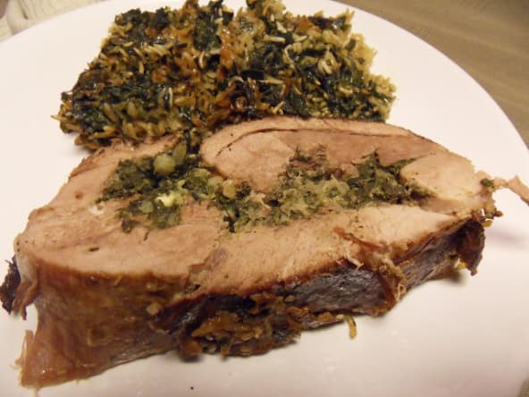 Gigot d'agneau farci aux herbes et son riz aux épinards