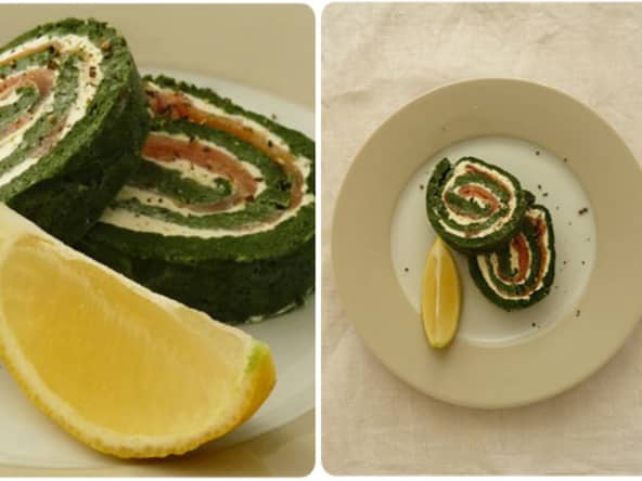 Roulé vert épinard, saumon fumé et fromage frais