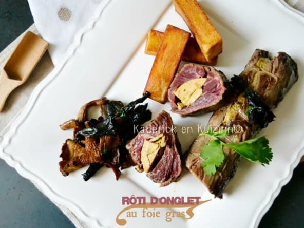 Rôti d'onglet farci de foie gras mi-cuit à la plancha