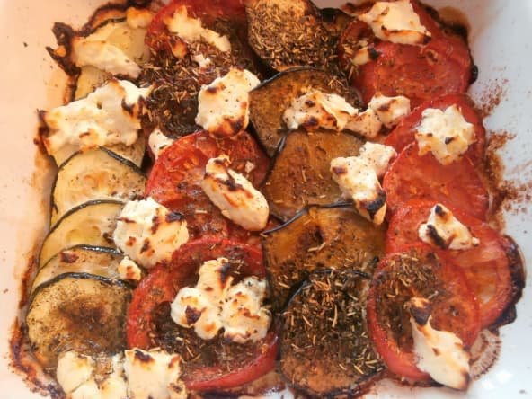 Tian de courgettes, aubergines, tomates et chèvre frais