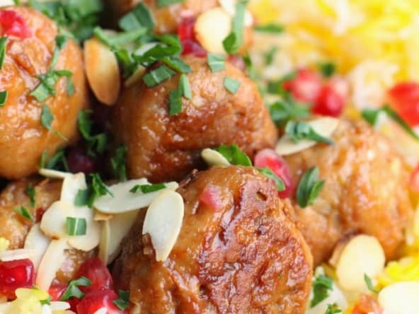 Boulette de poulet aux amandes, riz à l'iranienne