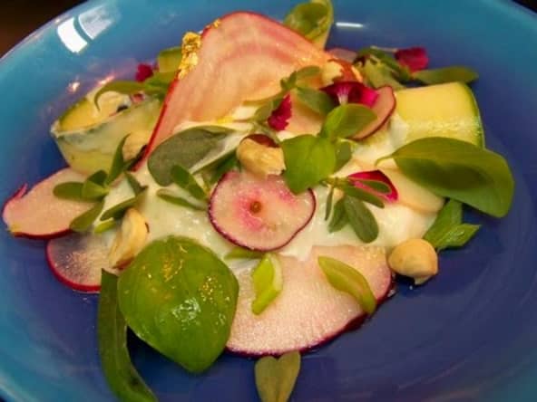 Mousse de pélardon, aux radis, betterave Chioggia, courgettes douces, pourpier et basilic
