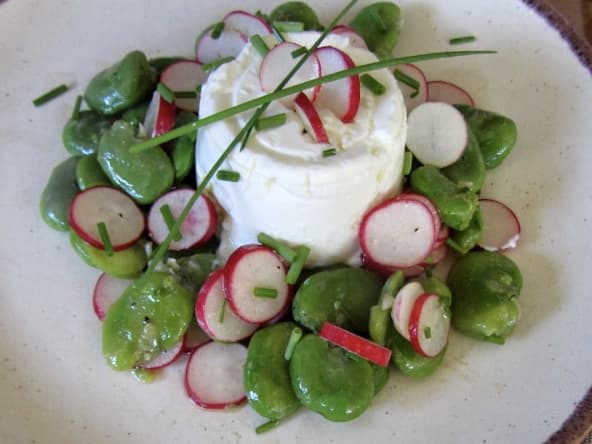 Salade de fèves, radis roses et fromage en faisselle