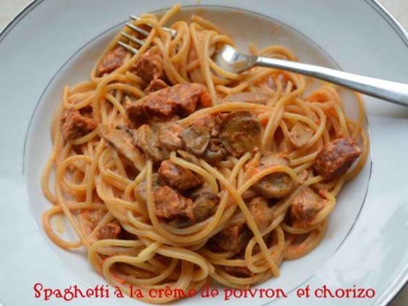 Spaghetti à la crème de poivron et chorizo