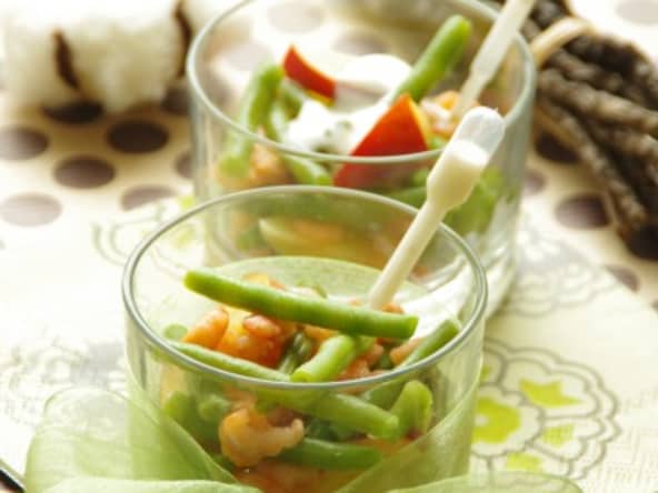 Verrines d'haricots verts, nectarines et crevettes au piment d’Espelette