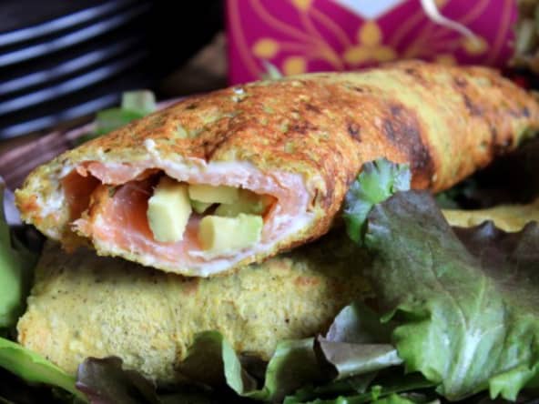 Wrap au sarrasin, épices indiennes, saumon, avocat et fromage