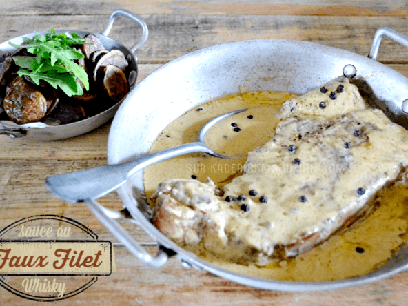 Faux filet de boeuf au poivre flambé au whisky et chips vitelotte