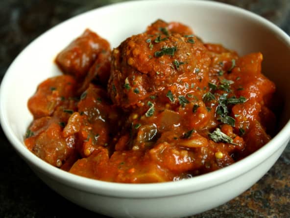 Comme un tajine d’aubergines et potiron aux boulettes de boeuf