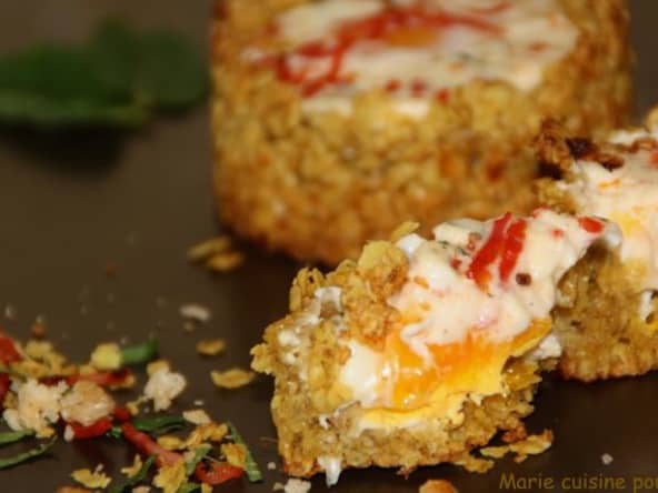 oeuf cocotte chorizo-menthe, coque flocons d'avoine au curry