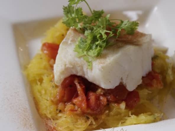 Cabillaud vapeur courge spaghetti et concassé de tomates