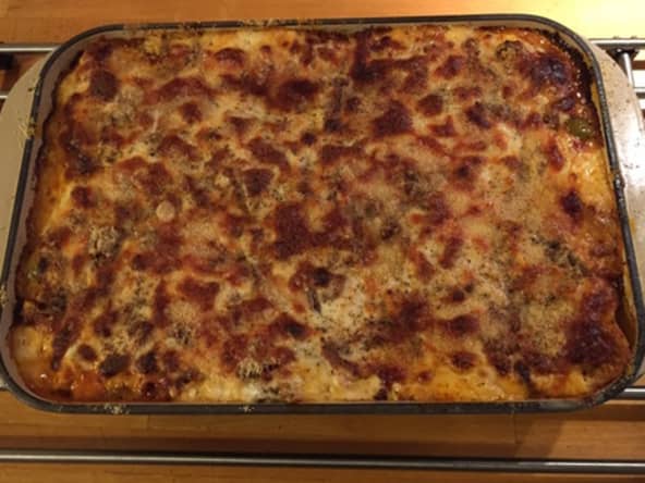 Lasagnes de canard rôti aux olives