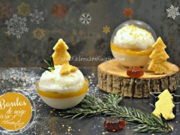 Boule de panna cotta à la fleur d'oranger, compotée de clémentine et oeuf à la neige